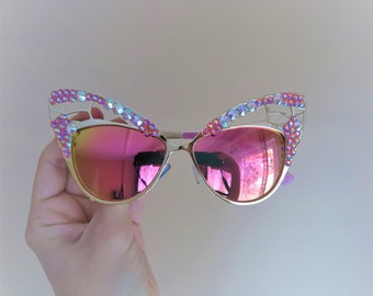 Pink cat eye butterfly sunglasses festival sunglasses Burning Man goggles mirror sunglasses embellished shades cateye sunnies