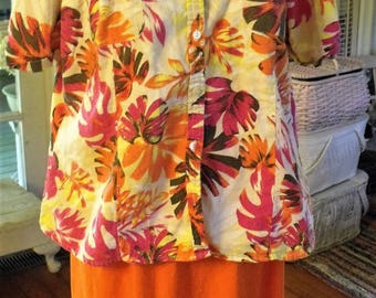 2X, 2pc Orange-Tropical Print Skirt and Top-Jacket, Linen-Rayon Print Tunic-Jacket, 2-X Cotton Knit Skirt, Shabbyfab Thrifted Funwear