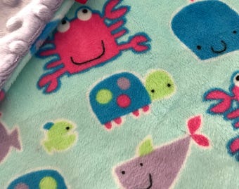 Minky Lovey Blanket, Security Blanket Multi Colored Sea Creatures Print Minky with Lavender Dimple Dot Minky Backing - great for a new baby