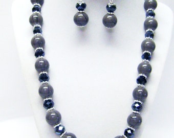 Gray Splatter Glass Bead Necklace & Earrings Set