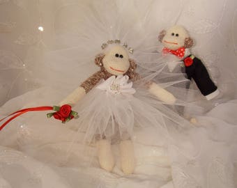 Sock Monkey Wedding Cake Topper~Miniature Sock Monkey Couple~Bride and Groom Sock Monkey~Sock Monkey Wedding Decoration