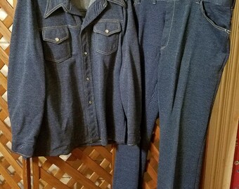 Vintage JC Penney's Fashions Polyester Denim Pant suit, Disco Fever, Rhinestone Cowboy, 1979