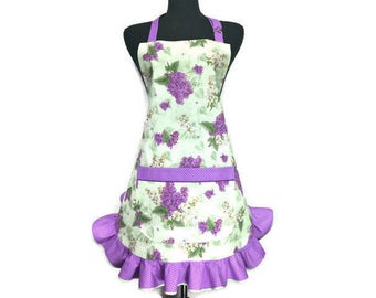 Lilac Apron for women , Green with Purple Retro Style Ruffle / Purple Floral Apron / Apron with purple flowers / Aprons for women