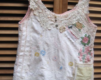 my bonny LADY IN GARDEN * Antique Embroidery - Vintage Altered Linens alternative wedding Eclectic Artisan Wearable Folk Art Collage Tunic