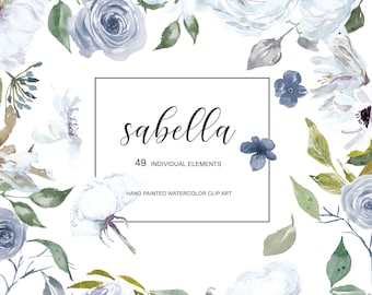 Watercolor White and French Blue Rose Clipart Separate Elements Hand Painted Flowers White Roses Clip Art Commercial Use | E113 Sabella