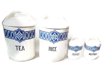 Vintage Ceramic Canisters from Yvonne Czechoslovakia/ 4 Piece Canister Set/ Tea/ Rice/ Nutmeg/Pepper/ Blue and White Pottery/1940s