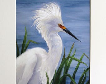 Egret - Egret painting - Snowy egret - white heron - waterfowl art - bird painting