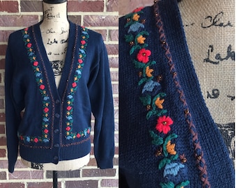 Vintage navy blue floral embroidered cardigan sweater // floral cardigan sweater size small medium // 1980s cardigan sweater size s size m