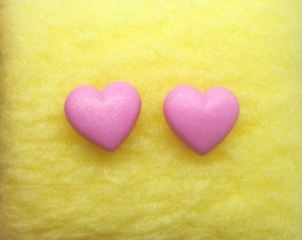 Tiny pink sparkly heart polymer clay stud earrings
