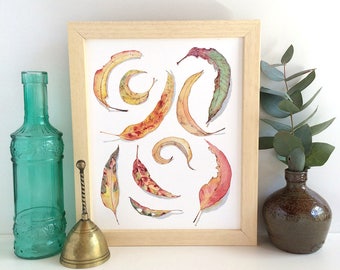 Eucalyptus leaves print A4 or 10x8; botanical watercolour wall art print of Australian gum leaves; contemporary art; nature decor