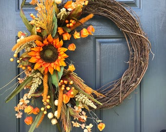 Fall Wreaths, Fall Door Wreath, Sunflower Wreaths, Fall Sunflowers, Fall Door Decor, Front Door Wreaths Fall, Orange Sunflowers, Fall Door