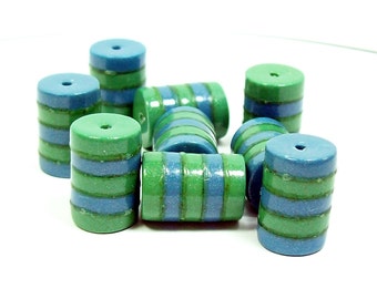 NOW ON SALE Polymer Clay Blue and Green Striped Tube Beads - Handmade