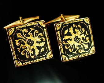 Vintage Black Damascene Cufflinks Gold Spanish Revival Wedding groom gift estate jewelry mens gift cuff links 24kt gold kilates