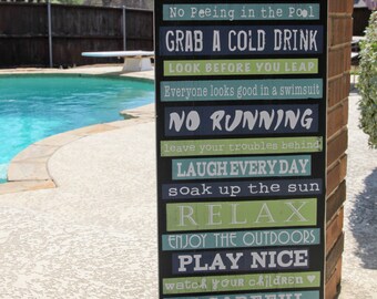 Pool Rules, Subway Art Signage | Size 15x36 - Custom wood Sign