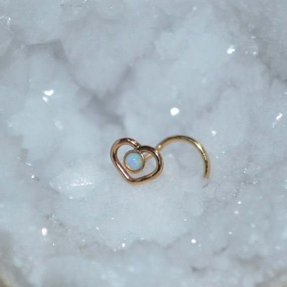 Gold Heart Nose Ring Stud 20 gauge - Nose Stud - Tragus Stud - Cartilage Earring Stud - Helix Piercing - Conch Earring - 2mm Opal Nose Hoop