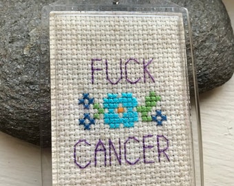 Keychain Stitch Completed Cross Stitch “F**K Cancer” mature/NSFW double sided art in clear acrylic keyring funny cute gift party favor