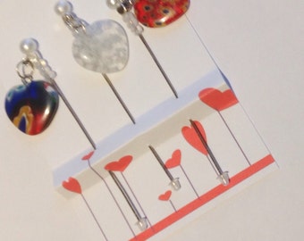 Millefiori Heart Stick Pins - Heart Dangle Pins - Valentine Pins - Embellishment for Cardmaking or Scrapbooking - Pincushion Pins
