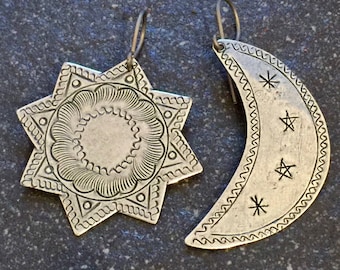 Antique Silver Etched Moon & 8 Point Star Earrings - Hypoallergenic Titanium, Niobium OR Sterling Silver Ear Wires - Boho - Gypsy - Tribal