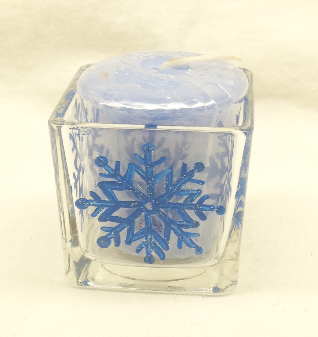 Hand Painted Votive Candle Holder Blue Snowflake Square Glass Votive
