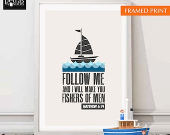 Boat Print, Bible verse wall art, Children's Room/ Kids Room/ Nursery art Print, Follow me and I will make you fishers of men Matthew 4:19.