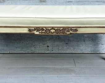 Baker Furniture French Louis XVI Carved Walnut Upholstered Cream Gilt Bench **FREE SHIP**