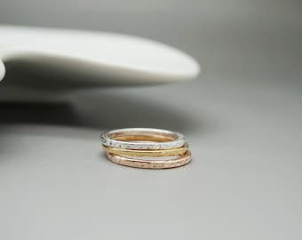 set of 3 rings - silver ring gold gold plated - hammered ring - gold rose ring - hammered ring - gift for her - bridesmaid gift