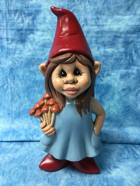 Girl Gnome With Mushrooms Handcrafted Garden Art