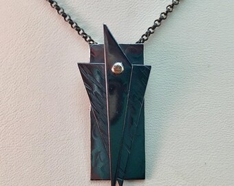 25% Off Modern Industrial Futuristic Sterling Silver 14k Gold Abstract Metalwork Pendant Necklace