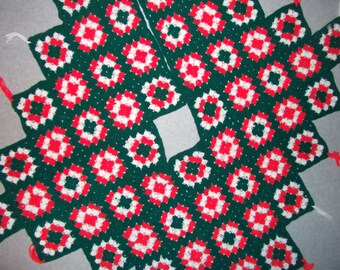 Vintage 1970s 1980s Afghan Tree Skirt Homemade Red Green White Tacky Gaudy Ugly Christmas Sweater Party X-Mas Holiday 70s 80s Hipster