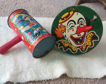 Old Metal Noise Makers Vintage Toys Metal Noise Makers with a Clown Twirling and Shaking Noise Makers Tin or Metal Toys Lithograph