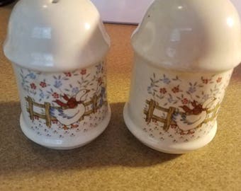 Beige with colorful Ducks on Salt and Pepper Shakers set