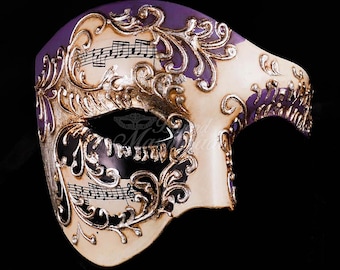 Men's Masquerade Mask, Purple Phantom Mask, Ivory Phantom of the Opera Mask, Mask with Music Notes, Masquerade Mask Men, Mardi Gras