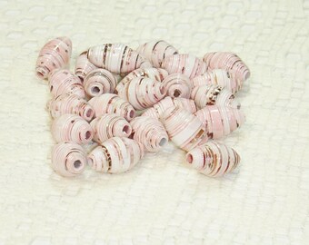 Paper Beads, Loose Handmade Jewelry Supplies Barrel Pinks with Small Rose Gold Foil Butterflies