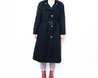 Vintage black wool long women 90s coat // small eu36