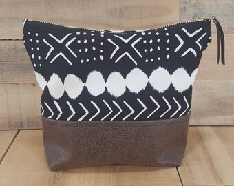 Boho Canvas with Faux Leather Bottom Makeup Bag, Makeup Bag, Boho Makeup Bag, Boho Make Up Bag, Valentine Gift Women, Toiletry Bag for Women
