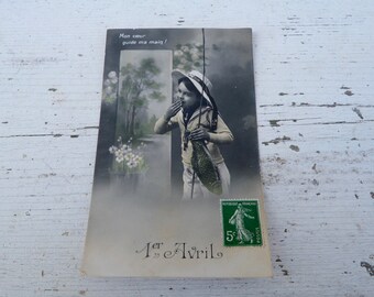 Antique 1900/1910s postcard French real photo recolored women first of April