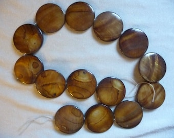 Beads, Mother of Pearl, 30mm Flat Round Coin , Dark Brown, 16 inch strand. Total of 14 beads on strand.