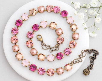 Rose Pink Necklace, Pink Swarovski Crystal Necklace, Pink Crystal Jewelry, Pink Tennis Necklace Nickel Free, Pink Rhinestone Necklace, Gioia
