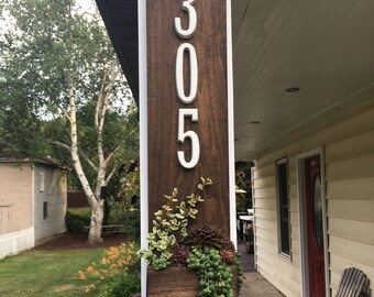 Rustic House Number Plaque with planter box Wood Succulent container Live Plants