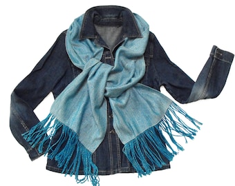 Wide Silver and Blue Scarf, Blue Silk Scarf, Hand Woven Scarf, Silk and Tencel Scarf, Handwoven Scarf Silver, Blue Blanket Scarf Wide