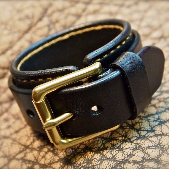 Leather cuff Bracelet Black with Gold hand stitching- Custom crafted for YOU in USA!