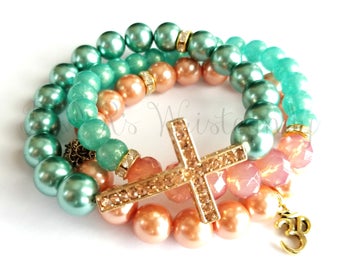 Cross Bracelet Set, Beaded Bracelet Set, Stretchy, Womens Gifts, Handmade Custom Beaded Jewelry, Stack Bracelet