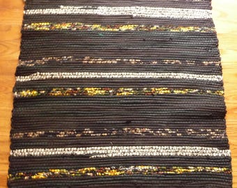 Loom Woven Rag Rug 25 x 28"plus Fringe Rectangular Handwoven Cotton Rag Rug Black Multi Color Ready to Ship
