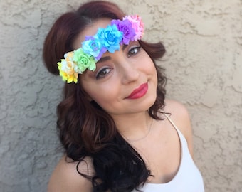 Pastel Rainbow Rose Headband - Rainbow Flower Crown - Rainbow Rose Halo Hair Wreath - Music Festivals - PLUR - Pride