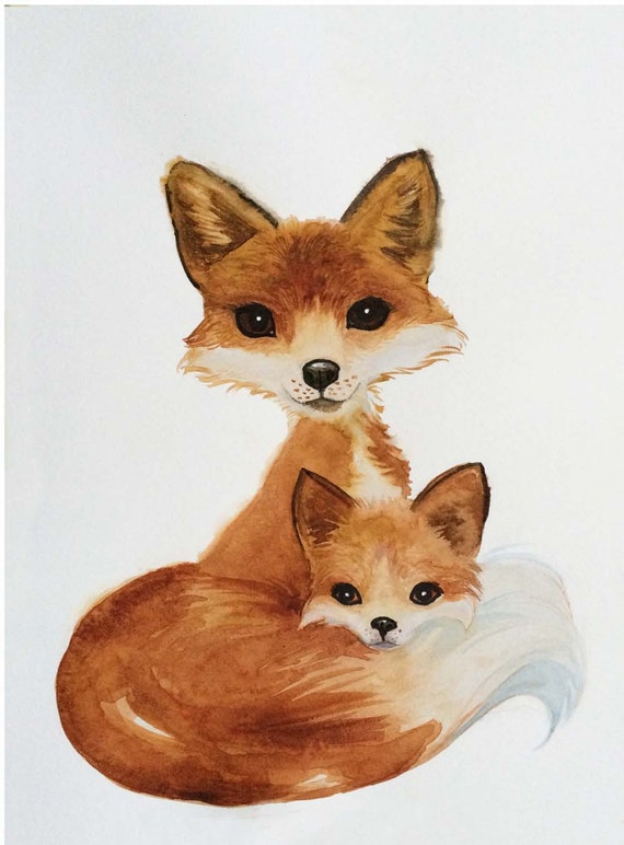  Watercolor Fox Art Mom Cub Fox ArtNursery