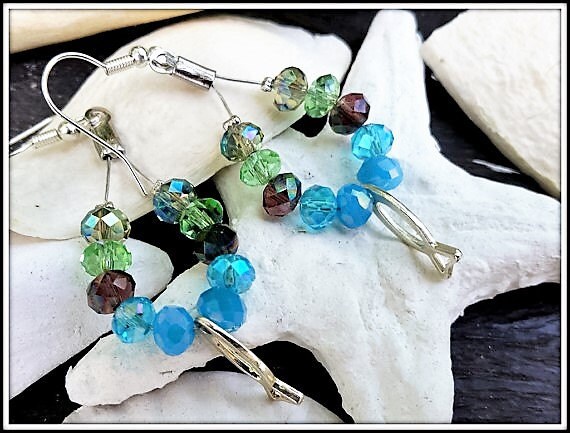 Blue drop earrings, Multicolored Earrings, Large Dangle Earrings, Long Womens Earrings, Blue Beach Earrings, Green Blue chandelier earrings
