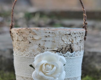 Birch Bark Rustic Flower Girl Basket Burlap Lace and A Paper Rose