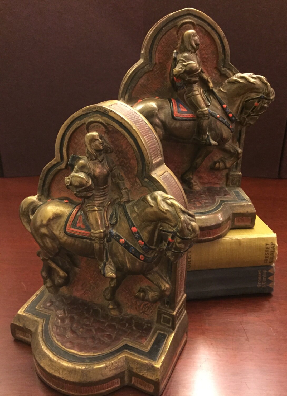 Antique Horse Bookends, Bronze Armor Bookends, Medieval Knight on Horse
