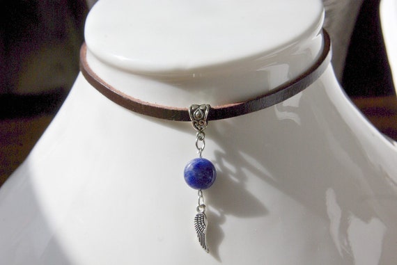 Sodalite Beads on Leather Choker, Intuition Stone, Sodalite Jewelry, Inner, Sodalite choker, Vision Stone, Necklace, Crystal Healing
