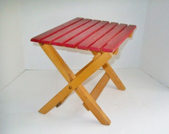 Vintage Red Slat Stool Wood Child's Camping Folding